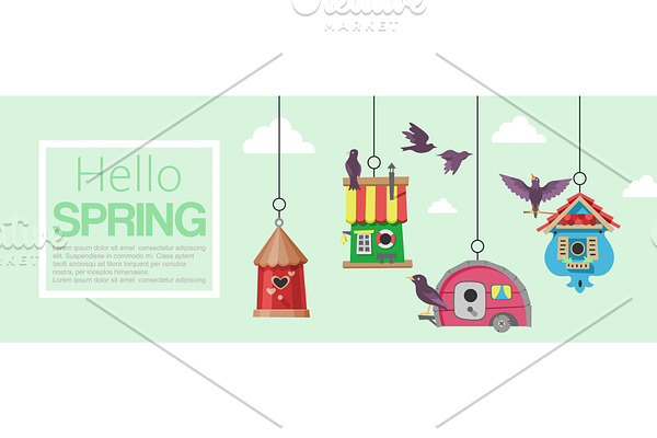 Birdhouses with flying birds banner