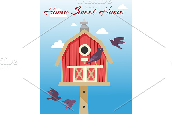 Birdhouses with flying birds poster