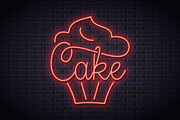 Cake neon logo of bakery.