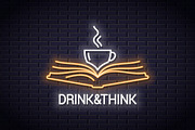 Coffee cup with book neon concept.