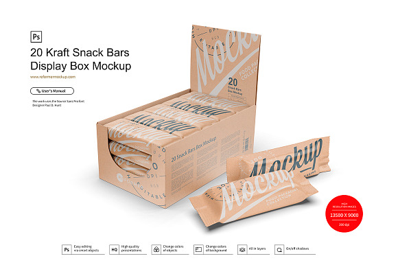 Snack Bars Box Mockup 20x80g in Product Mockups - product preview 3