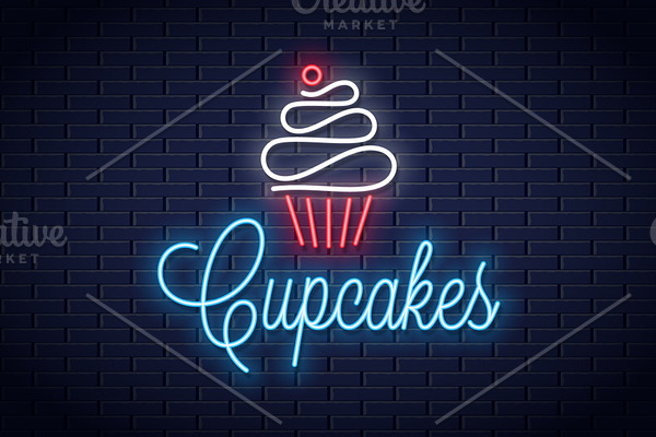 Cupcake neon logo on wall vector.