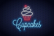Cupcake neon logo on wall vector.