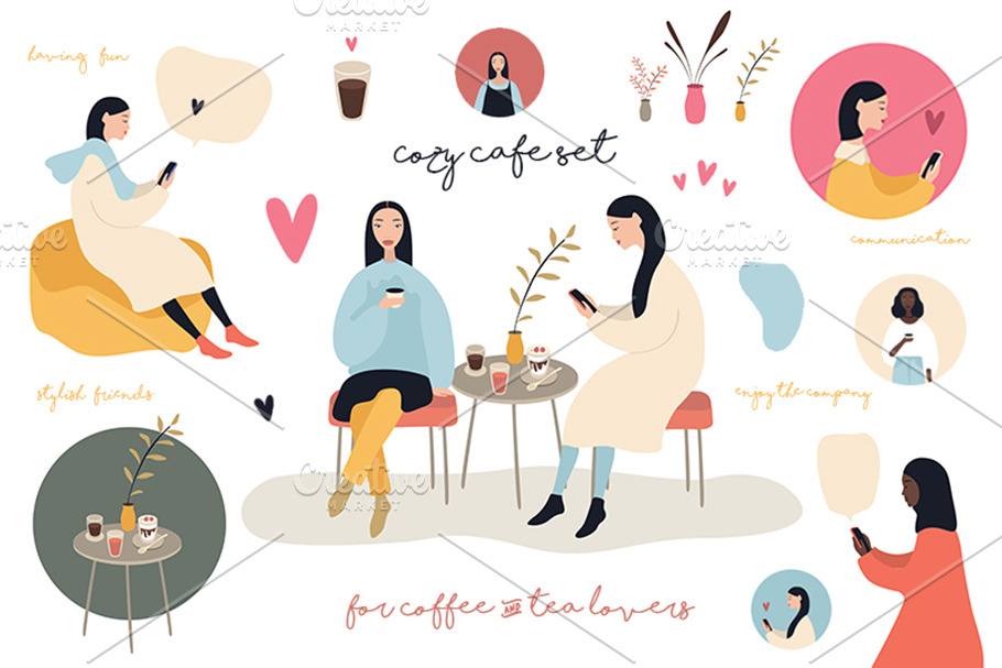 Cozy cafe set 25 People cute objects in Illustrations - product preview 8