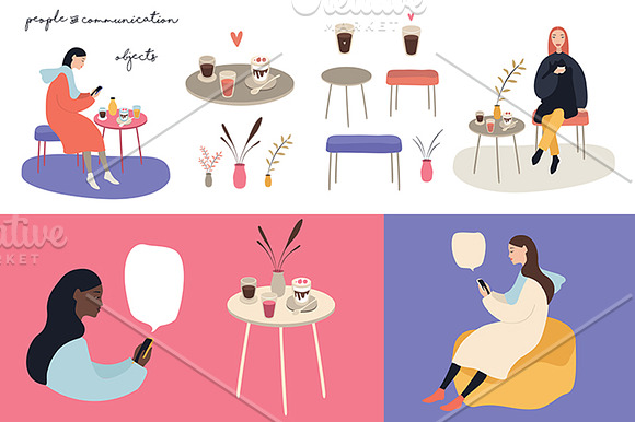 Cozy cafe set 25 People cute objects in Illustrations - product preview 2