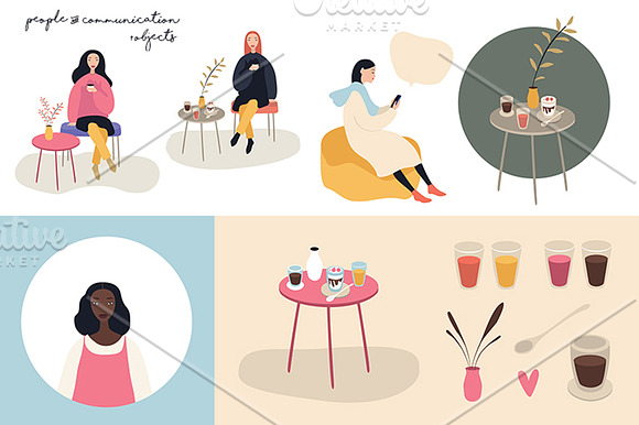 Cozy cafe set 25 People cute objects in Illustrations - product preview 3