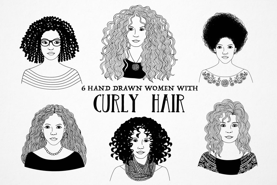 Curly Hair Girls 6 Hand Drawn Women