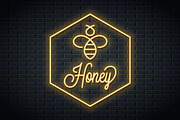 Bee honey neon logo.  Honeycomb neon