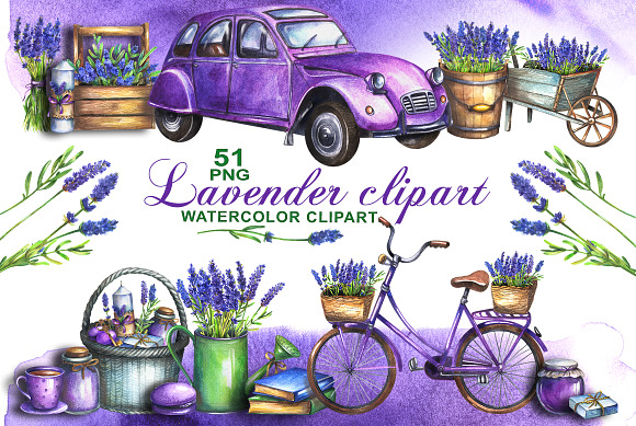 Watercolor lavender clipart in Illustrations - product preview 5