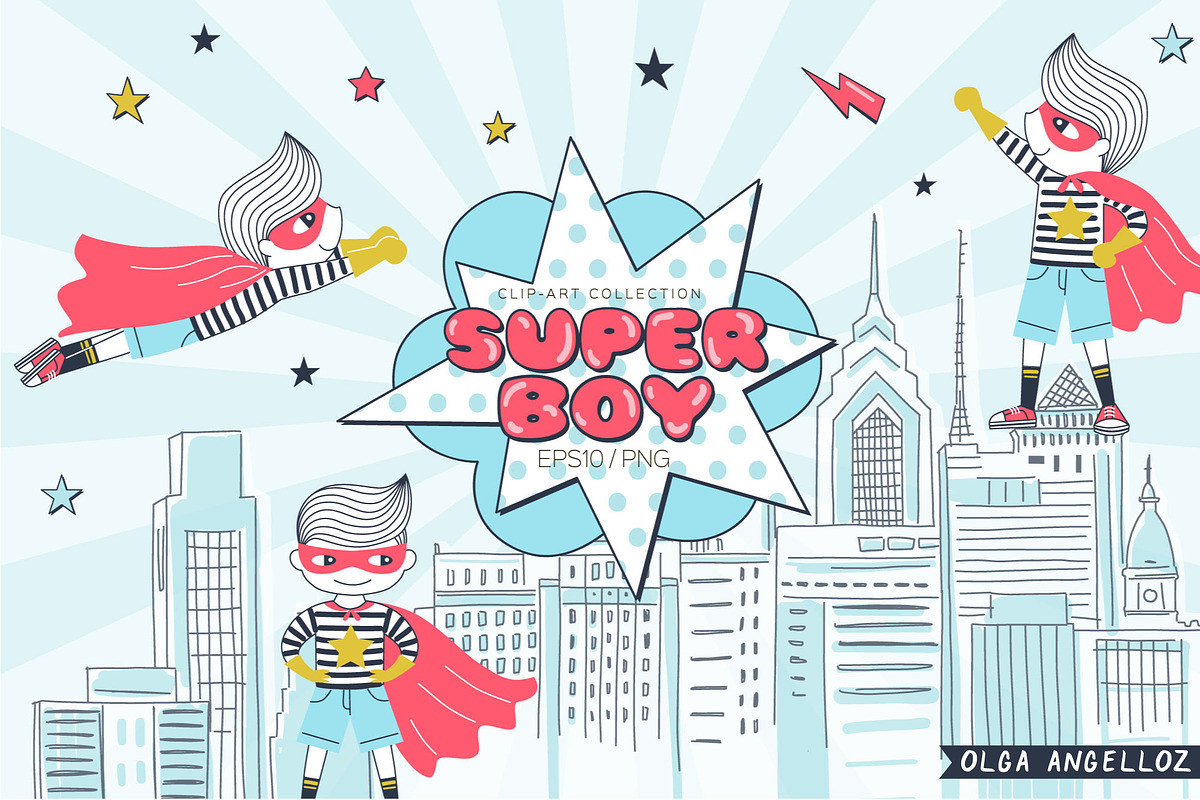 Super Hero Boy clip-art set in Illustrations - product preview 8