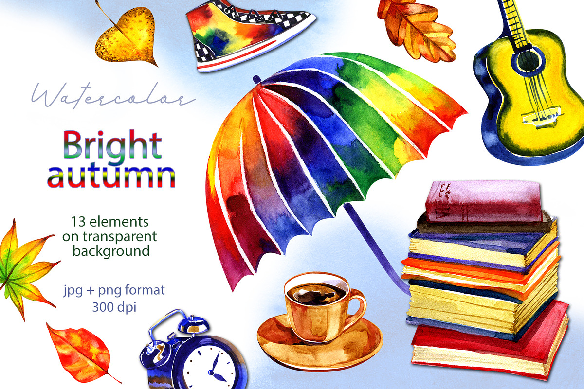 Watercolor bright autumn cliparts in Illustrations - product preview 8
