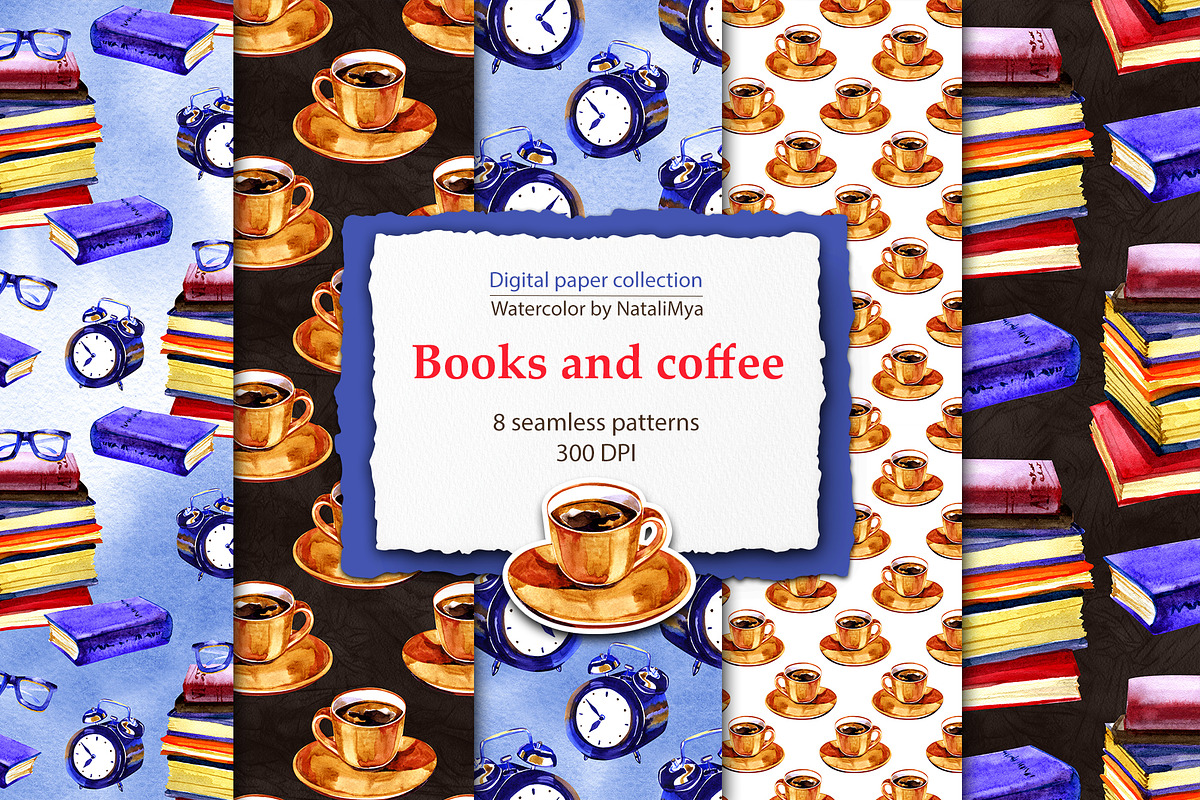 Watercolor books and coffee patterns in Patterns - product preview 8