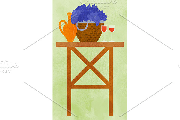 Table with Basket of Grapes and Wine