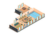 Fitness center. Gym club and pool