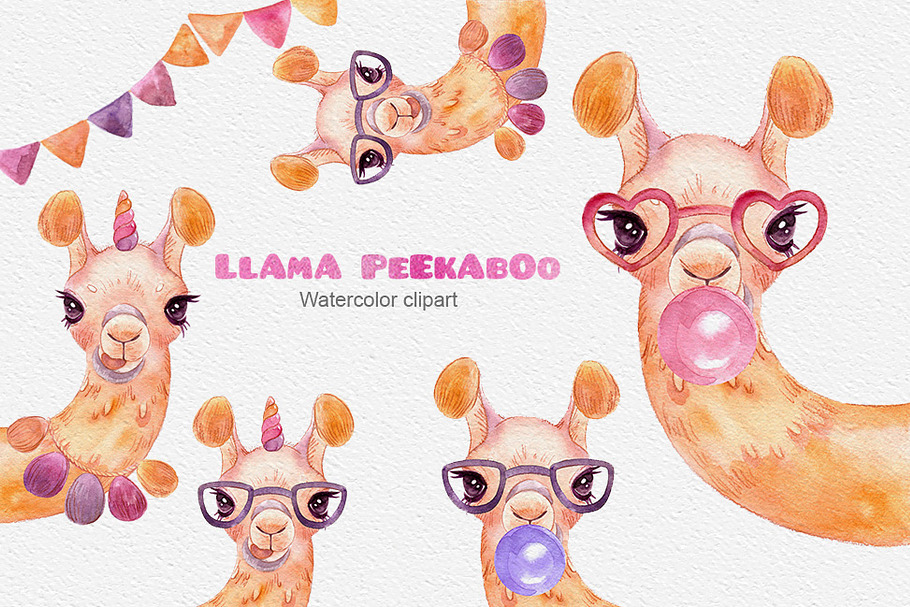 Llama peekaboo - watercolor clipart