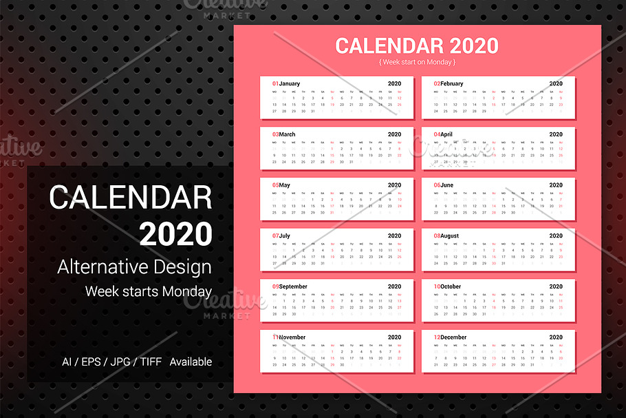 Calendar 2020 Week Starts Monday in Stationery Templates - product preview 8