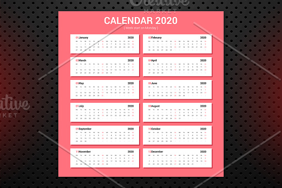 Calendar 2020 Week Starts Monday in Stationery Templates - product preview 2