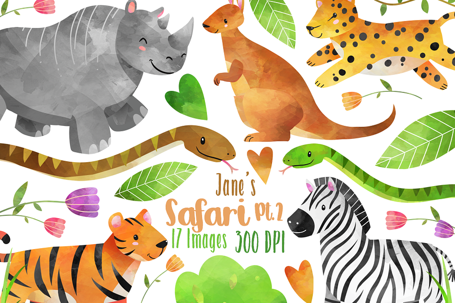 Watercolor Safari Animals Clipart