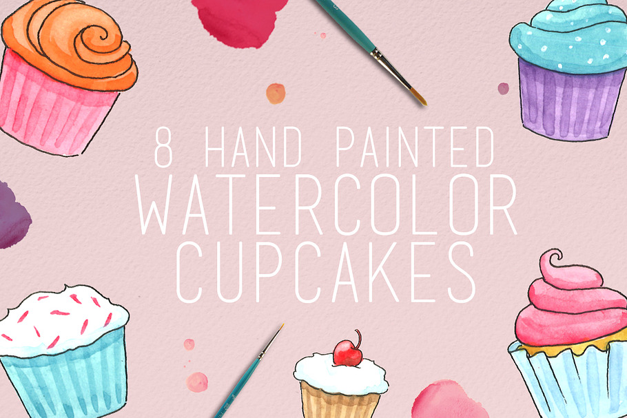 Watercolor Cupcake Illustrations in Illustrations - product preview 8