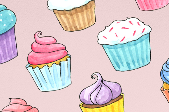 Watercolor Cupcake Illustrations in Illustrations - product preview 1
