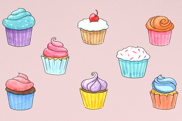 Watercolor Cupcake Illustrations in Illustrations - product preview 2