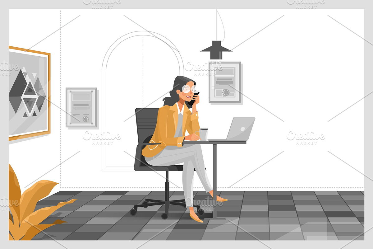 Woman working with laptop at her in Illustrations - product preview 8