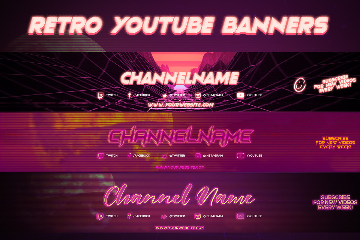 3 Retro Youtube Channel Art Banners in YouTube Templates - product preview 8