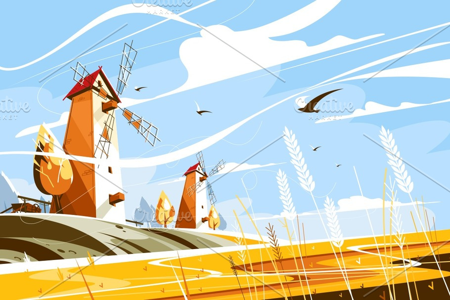 Windmill near wheat field in Illustrations - product preview 8