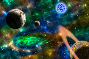 Green galaxy background with planets