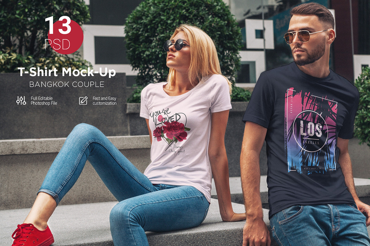 T-Shirt Mock-Up Couple In City in Print Mockups - product preview 8