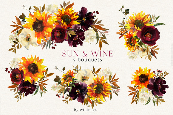 Sunflower Bordo Watercolor Clipart in Illustrations - product preview 1