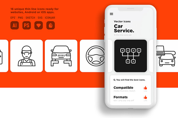 Car Service | 16 Thin Line Icons Set in Car Icons - product preview 1