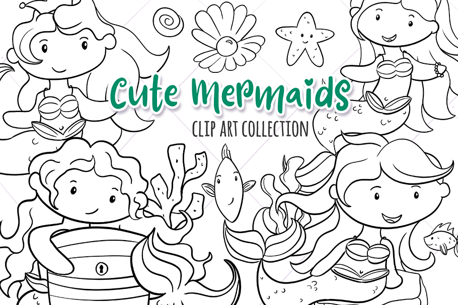 Cute Mermaids Digital Stamps in Illustrations - product preview 8