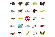 Wild animals icons set, flat style