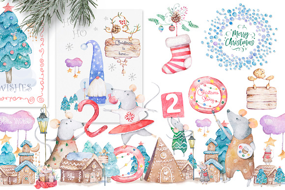 Christmas Story Watercolor cute Rats in Illustrations - product preview 1