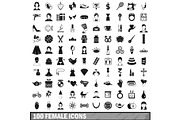 100 female icons set, simple style