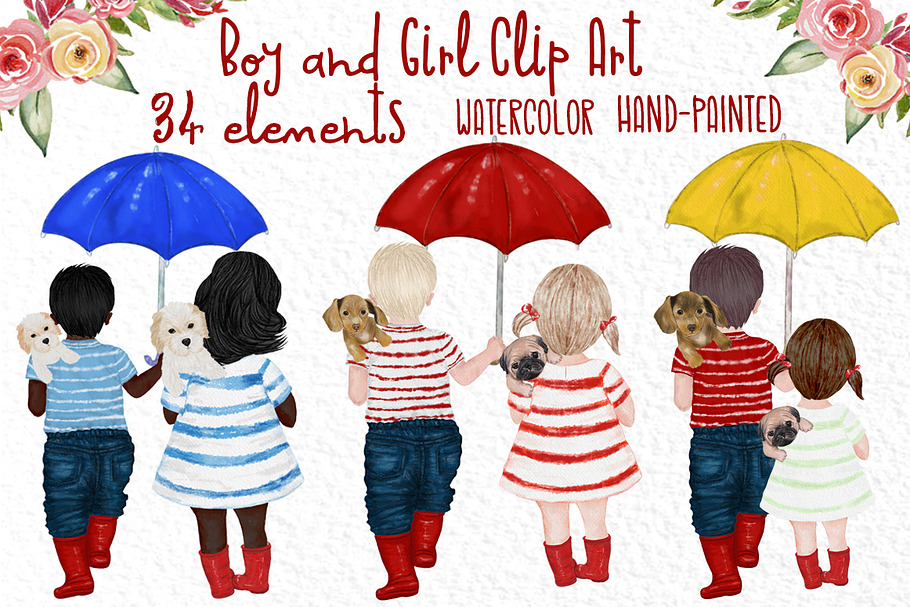 Watercolor kids,Boy and girl clipart