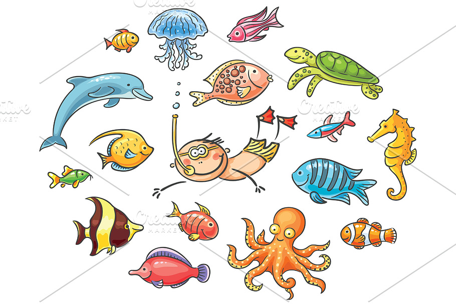 Set of cartoon sea animals & fishes in Illustrations - product preview 8