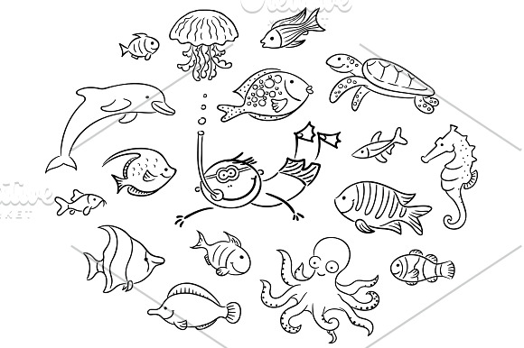 Set of cartoon sea animals & fishes in Illustrations - product preview 1