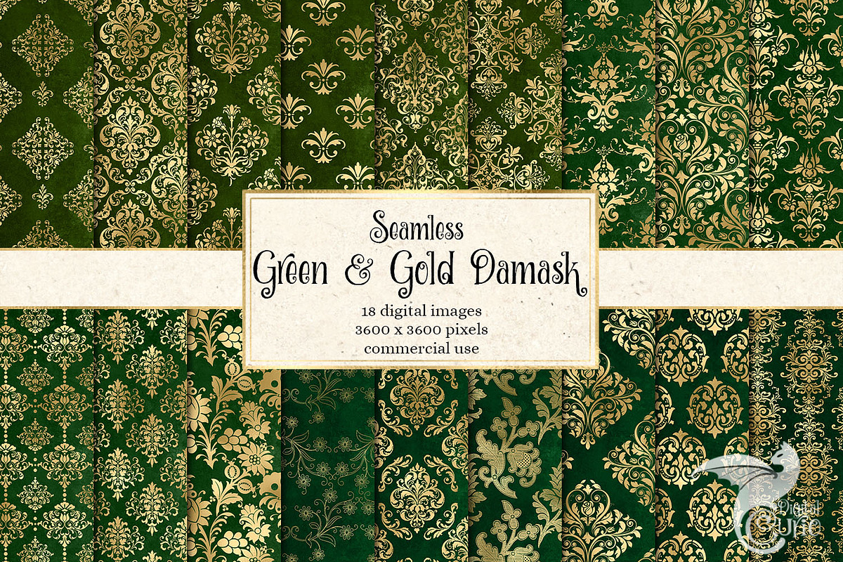 Green and Gold Damask Digital Paper in Patterns - product preview 8