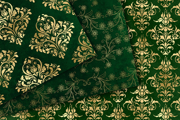 Green and Gold Damask Digital Paper in Patterns - product preview 2