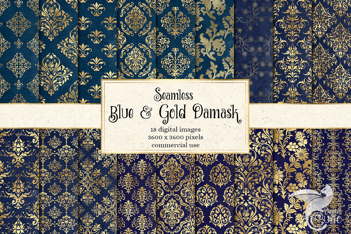 Blue and Gold Damask Digital Paper in Patterns - product preview 8