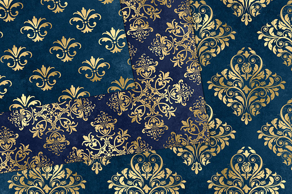 Blue and Gold Damask Digital Paper in Patterns - product preview 2