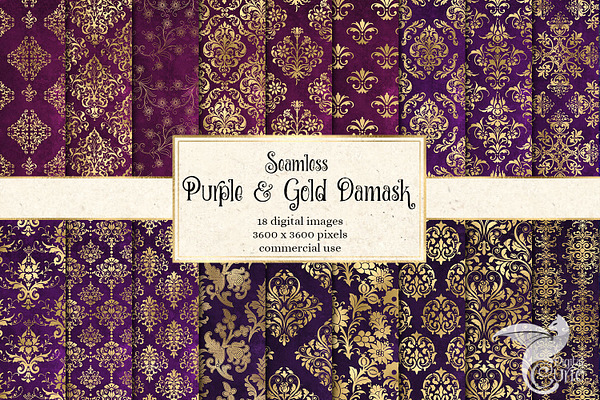 Purple and Gold Damask Digital Paper