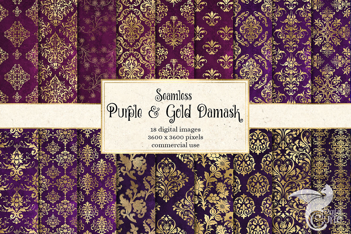 Purple and Gold Damask Digital Paper in Patterns - product preview 8