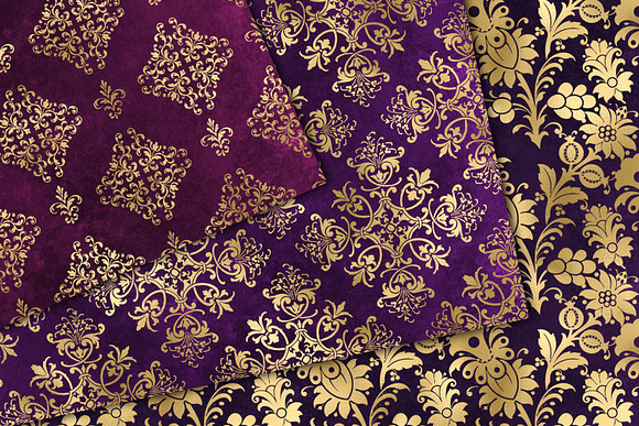 Purple and Gold Damask Digital Paper in Patterns - product preview 1