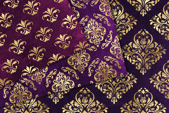Purple and Gold Damask Digital Paper in Patterns - product preview 2
