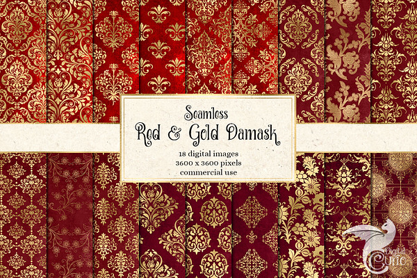 Red & Gold Damask Digital Paper
