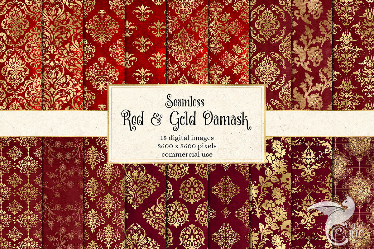 Red & Gold Damask Digital Paper in Patterns - product preview 8