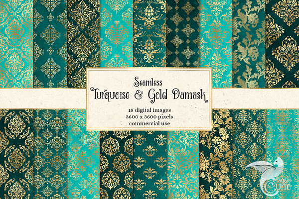 Turquoise & Gold Damask Patterns